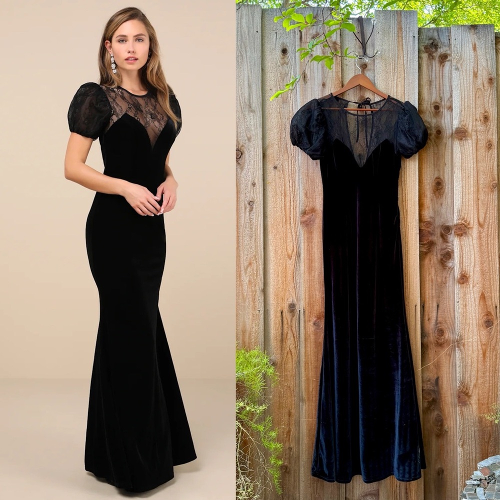 SOLD - Black Velvet Lace Puff Sleeve Bustier Low-Back Maxi Dress 🌿2 - Picture 3 of 10